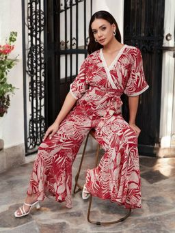 Miss Chase - Women Maroon V-Neck Half Sleeve Floral Kimono Jumpsuit