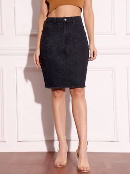 Miss Chase - Women'S Black Bodycon High Rise Clean Look Above Knee Denim Skirt