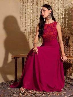 Miss Chase - Women's Dark Pink & Rust Boat Neck Sleeveless Self Design Ethnic Dress