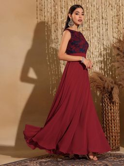 Miss Chase - Women's Maroon & Teal Boat Neck Sleeveless Self Design Maxi Ethnic Dress