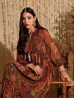 Miss Chase - Women's Multicolored-Base-Brown Relaxed Fit Maxi Chiffon Ethnic Dress