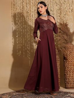 Miss Chase - Women's Wine V-Neck Full Sleeve Self Design Georgette Maxi Ethnic Dress