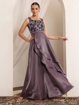 Miss Chase - Luxe Women's Dusty Purple Square Neck Embellished Satin Ethnic Dress