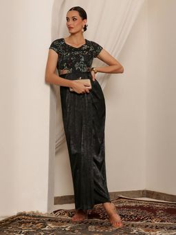 Miss Chase - Luxe Womens Black Sweetheart-Neck Embellished Draped Maxi Ethnic Dress