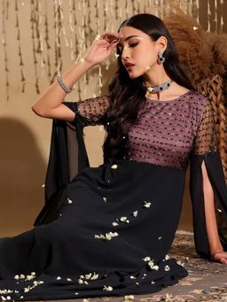 Miss Chase - Women's Black & Lavender Relaxed Fit Maxi Georgette & Sequins Ethnic Dress