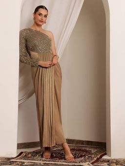 Miss Chase - Luxe Womens Dark Beige One Shoulder Full-Sleeve Embellished Ethnic Dress