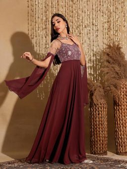 Miss Chase - Women's Wine V-Neck Long sleeve Embroidered Flared Maxi Ethnic Dress