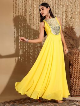 Miss Chase - Women's Yellow Round Neck Sleeveless Embellished Georgette Ethnic Dress