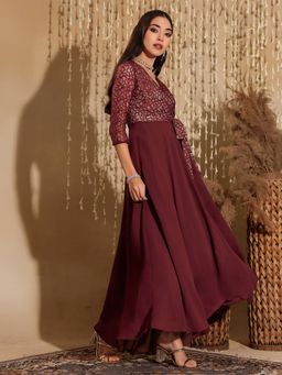 Miss Chase - Women's Maroon V-Neck Wrap Georgette Maxi Ethnic Dress