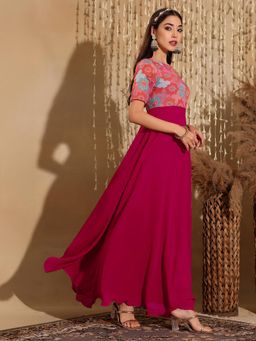 Miss Chase - Women's Dark Pink Fit and Flare Georgette Ethnic Dress