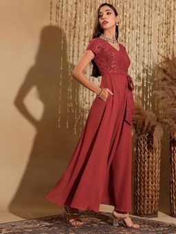 Miss Chase - Women's Brick Red V-Neck Short Sleeve Georgette Fusion Maxi Ethnic Dress