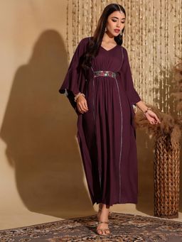 Miss Chase - Women's Wine V-Neck Viscose Rayon Ethnic Kaftan Dress