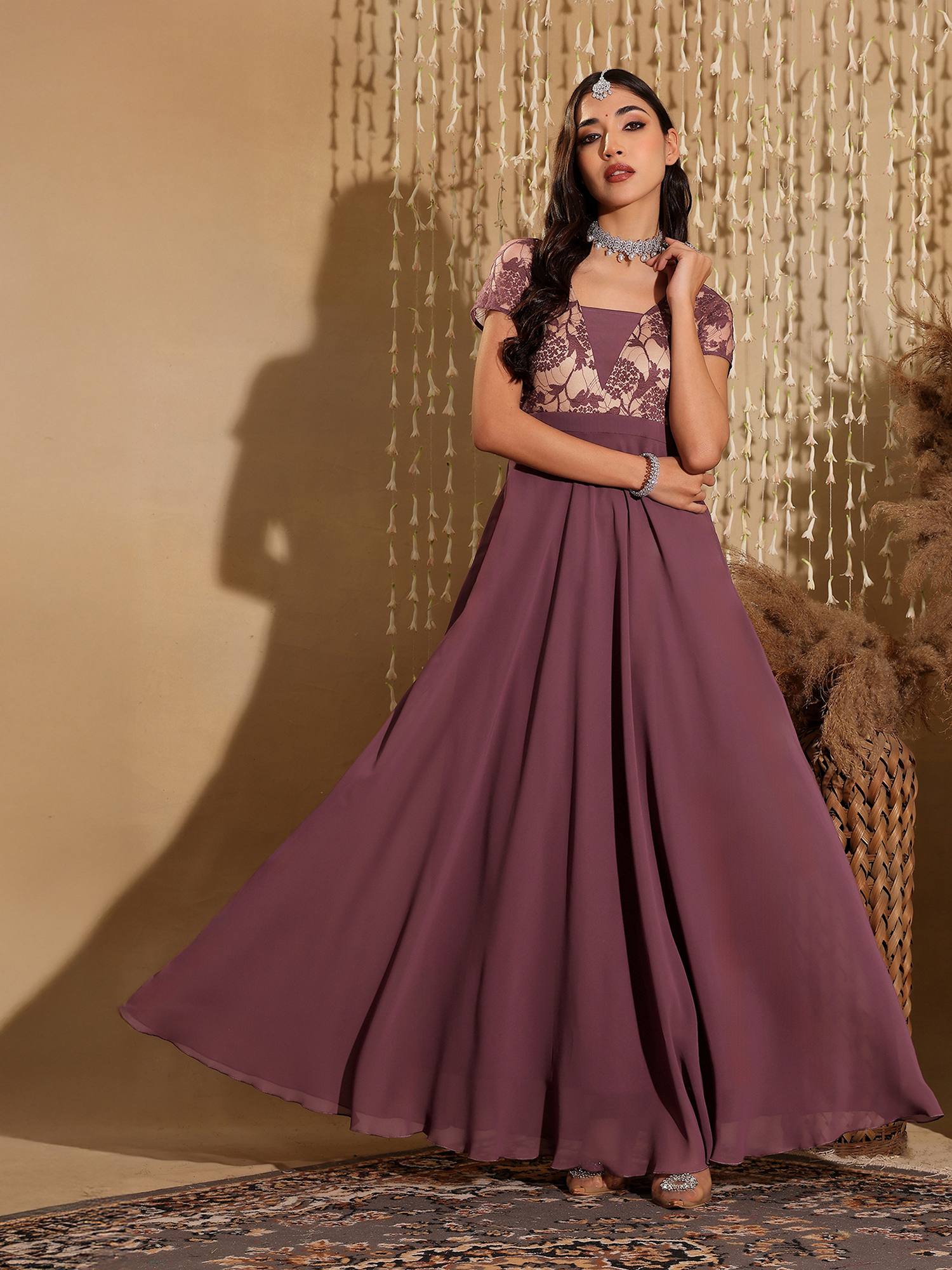 miss chase Women's Mauve Square-Neck Flared Georgette Fusion Ethnic Dress-picture-14