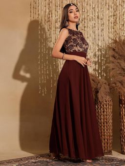 Miss Chase - Women's Maroon Georgette Fit and Flare Fusion Ethnic Dress