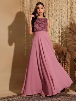Miss Chase - Women's Lavender Round neck Sleeveless Solid Lace Overlaid Ethnic Dress