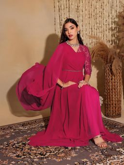Miss Chase - Women's Dark Pink V-Neck Self-Designed Fusion Maxi Ethnic Dress