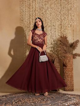 Miss Chase - Women's Maroon Fit and Flare Fusion Ethnic Dress