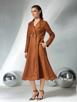 Miss Chase - Brown Solid Full Sleeves Side Pocketed Overcoat