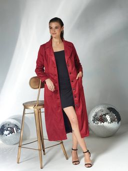 Miss Chase - Dark Red Solid V Neck Full Sleeves Patched Pocketed Overcoat