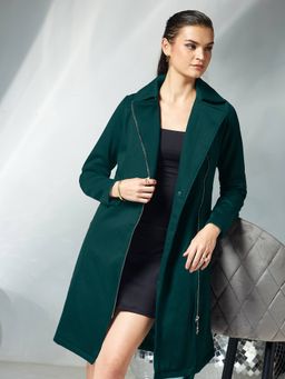 Miss Chase - Dark Green Notch Collar Multi Panelled Full Sleeve Overcoat