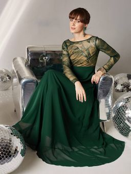 Miss Chase - Womens Green Solid Embellished Maxi Dress