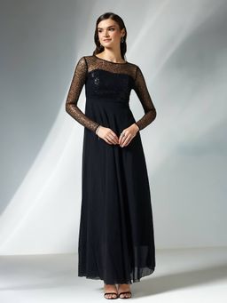 Miss Chase - Womens Black Solid Embellished Maxi Dress