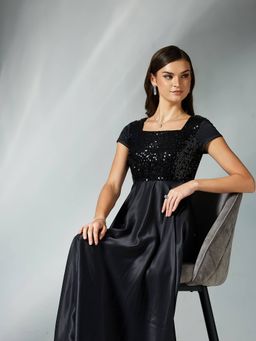 Miss Chase - Womens Black Square Neck Short Sleeve Embellished Maxi Dress