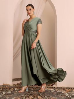Miss Chase - Women's Embellished Pale Olive Gown