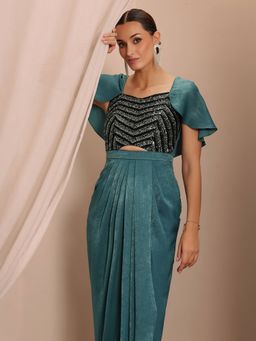 Miss Chase - Women's Teal Cape Embellished Draped Satin Maxi Dress