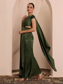 Miss Chase - Women's Olive Embellished Draped Maxi Velvet Dress