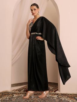 Miss Chase - Women's Black V-Neck Asymmetric Embroidered Maxi Dress