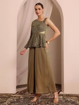 Miss Chase - Womens Brown Asymmetric Peplum Regular Satin Jumpsuit