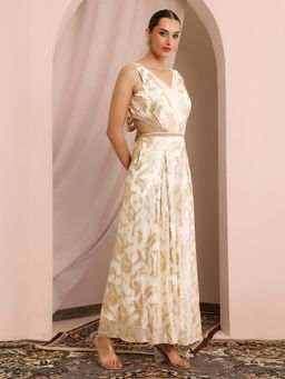 Miss Chase - Women Off White V-Neck Self-Designed Georgette Jumpsuit