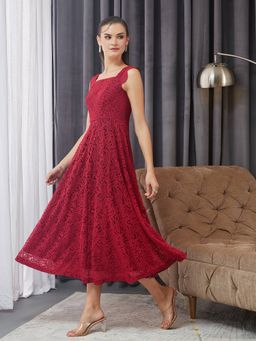 Miss Chase - Womens Maroon Square Neck Sleeveless Self-Designed Ruffled Midi Lace Dress
