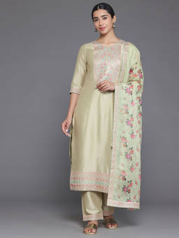 Libas - Women Green Silk Blend Embroidered Kurta with Pant and Dupatta (Set of 3)