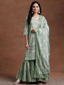 Libas - Women Green Pure Cotton Floral Kurta with Sharara and Dupatta (Set of 3)
