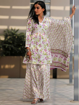 Libas - Women Lavender Pure Cotton Floral Kurta with Sharara and Dupatta (Set of 3)