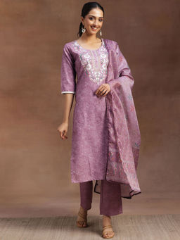 Libas - Women Mauve Pure Cotton Embroidered Kurta with Pant and Dupatta (Set of 3)