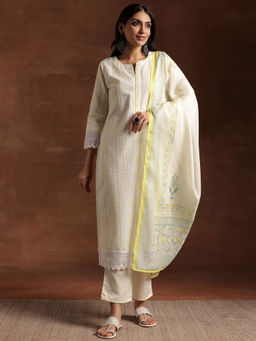 Libas - Women Yellow Cotton Blend Embroidered Kurta with Pant and Dupatta (Set of 3)