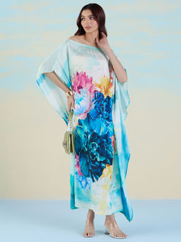 Navyasa By Liva - Blue Liva Satin Floral Print Kaftan