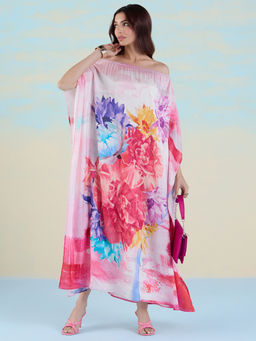 Navyasa By Liva - Pink Liva Satin Floral Print Kaftan