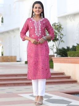 Jaipur Kurti - Red Mirror Work Embroidered Muslin Straight Kurta