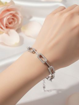 925 SILLER - Radiant White Gold Finish Elongated Link Bracelet