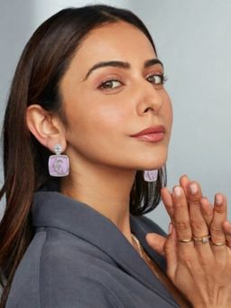 Accessher - Silver Ad Purple Square Stud Drop Dangler Earrings