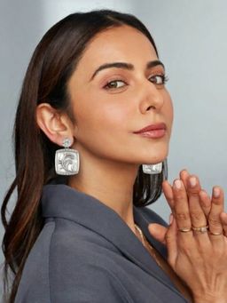 Accessher - Silver Ad White Square Stud Drop Dangler Earrings