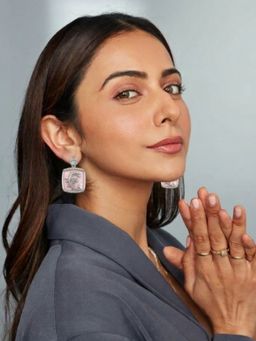 Accessher - Silver Ad Pink Square Stud Drop Dangler Earrings