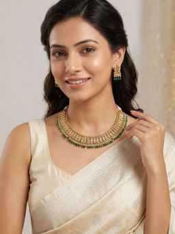 Niscka - Ethnic Gold Plated Green Beads Studded Jewellery Set