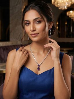 Niscka - Elegant Silver Rhodium Purple White Teardrop Jewellery Set