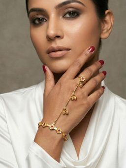 Niscka - Gold Plated Pink Floral Ghungroo Haathphool