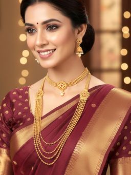Peora - Gold Plated Faux Ruby and Beads Studded Jewellery Set